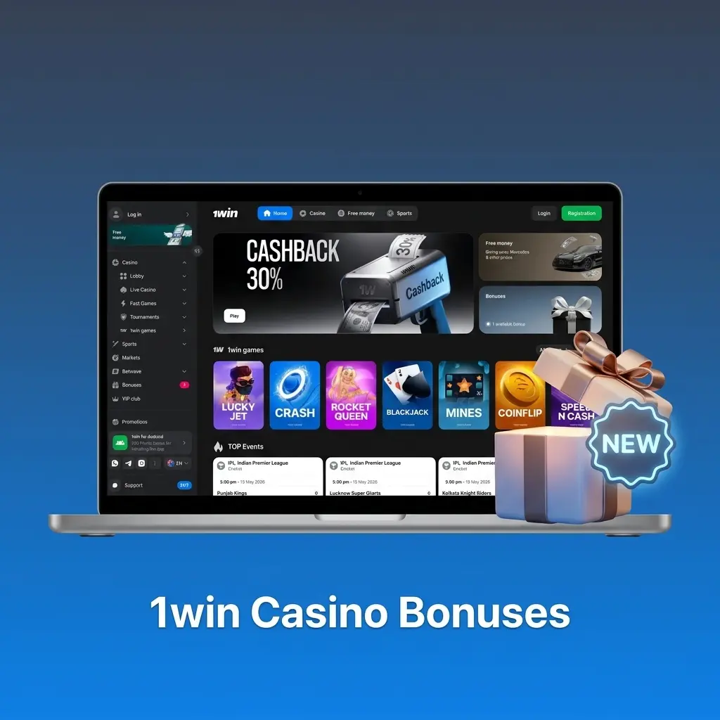 1win Casino bonuses including reload offers, free spins, cashback, lucky wheel, and VIP rewards for Indian players