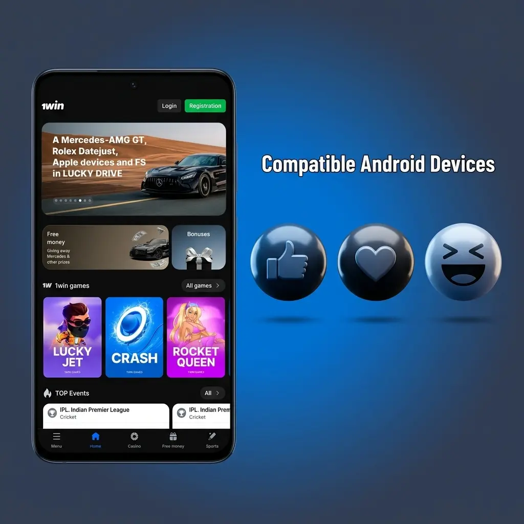 List of Android smartphones compatible with 1win app including Samsung, Redmi, Realme, OnePlus, Vivo, and Oppo models