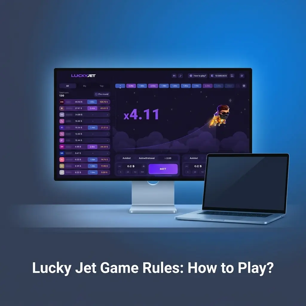 Lucky Jet game interface showing multiplier rising as Lucky Joe flies, with bet and cash out controls visible