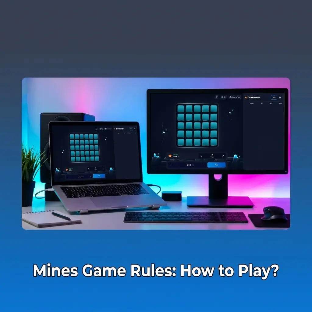 Mines game grid with 25 tiles showing gems and hidden mines, illustrating how to play and cash out rules