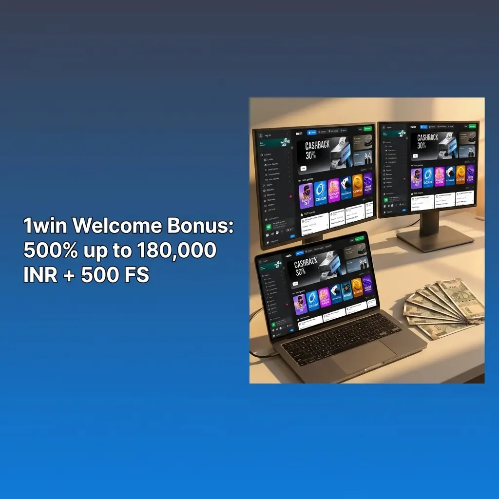 1win welcome bonus table showing 500% up to 180,000 INR across 4 deposits plus 500 free spins for new players