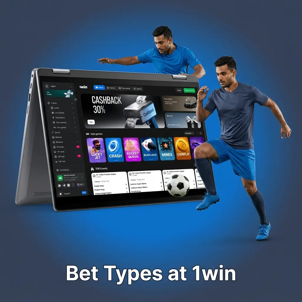 Diagram showing Single, Accumulator, and System bet types available at 1win sportsbook
